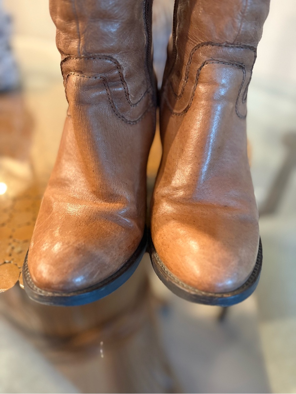 Festival Boho Cartier Cognac Leather Knee-High Heeled Boots - Picture 3 of 5